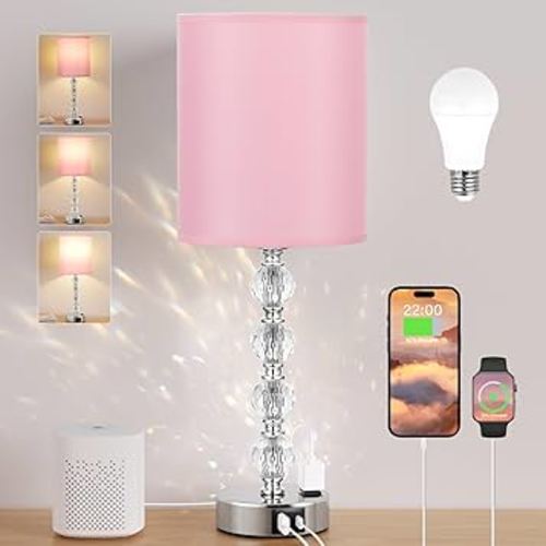 Acaxin Touch Bedside Crystal Lamps for Bedrooms Nightstand with USB C+A Charging Port and AC Outlet White, 3 Way Dimmable Silver Large End Side Table Lamp for Living/Guest/Dinning Room/Kitchen