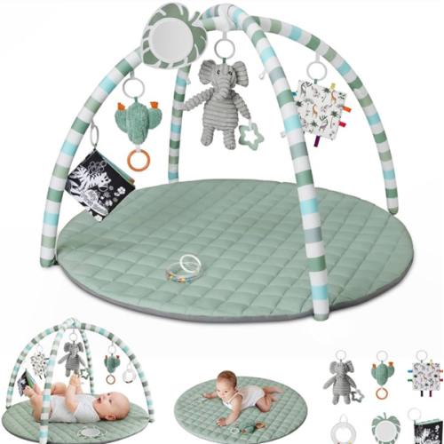 Blissful Diary Baby Play Gym Mat, Play Mat Activity Mat with 6 Detachable Toys for Stage-Based Sensory & Motor Skill Development, Easy to Install & Clean, Baby Essentials Gift, Sage Green