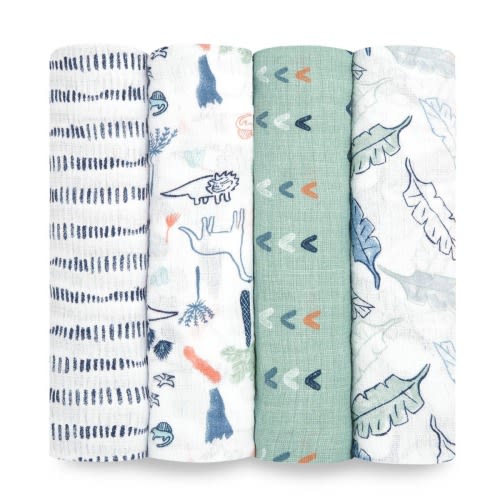 dinotime essentials cotton muslin swaddles 4 pack