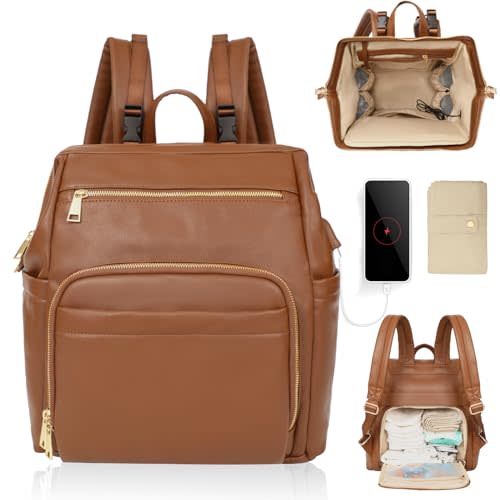 Omanmoli Diaper Bag Backpack Leather Diaper Bag Backpack Baby Bags With 18 Organizing Pockets,6 Insulated Pockets,USB Charging Port,Stroller Straps,Changing Pad (Brown)