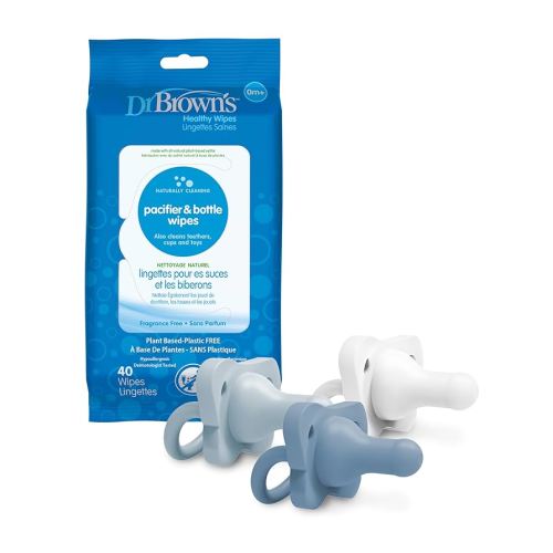 Dr. Brown's HappyPaci 100% Silicone Pacifier 0-6m, BPA Free, White, Blue, Light Blue, 3 Pack and Pacifier and Bottle Wipes, 40 Count