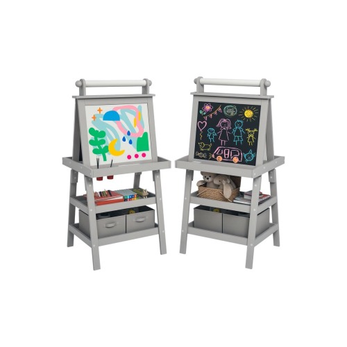 Kids Double Sided Art Easel with Paper Roll, Magnetic Boards & Storage