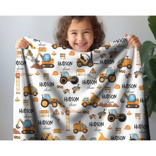 Construction Truck Baby Name Blanket, Custom Baby Boy Nursery Decor, Dump Truck Tractor Excavator Theme Blanket, Personal Baby Shower Gift