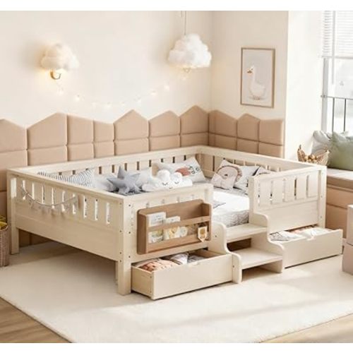 Bellemave Full Size Kids Bed with high Rails and with Built-in Bookshelf and Drawers for Kids, Girls, Boys, Wood Montessori Bed Without Door, Beige