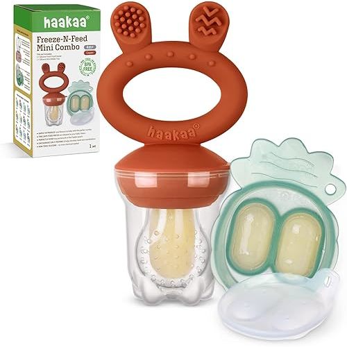Haakaa Baby Fruit Food Feeder & Mini Freezer Nibble Tray Combo, Breastmilk Popsicle Molds for Baby Cooling Relief, BPA Free Silicone Feeder for Safe Infant Self Feeding, 4 Month+ (Copper)