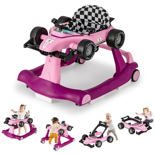 GLACER Foldable Baby Walker, 4-in-1 Infant Walker with Adjustable Height & Speed, Music, Light, Steering Wheel & Washable Cushion, Baby Walker Activity Center for Boys Girls 6 –18 Months (Purple)