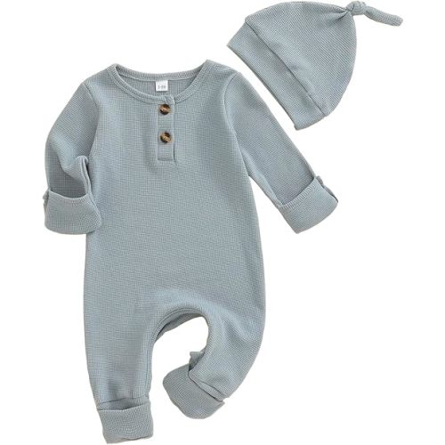 Infant Boys Girls Clothes Set Newborn Baby Romper Hat Ribbed Knit Long Sleeve Button Solid Bodysuit Jumpsuit