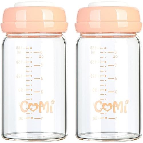 COMI Wide Neck Glass Breastmilk Collection n Storage Bottle, 6oz with Screw Ring Sealing Disk; Re-markable Sealing Disc. BPA Free, Fits Breast Pumps & Nipples (2 Pack Pink Lids)