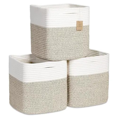 NaturalCozy Storage Cubes 11 Inch Cotton Rope Woven Baskets for Organizing, 3-Pack | Cube Bin Square Shelves Organizer, Classroom, Kids Toy Bins, Closet, Baby Nursery