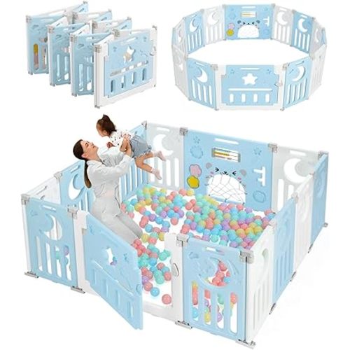 Dripex Baby Playpen, Foldable Playpen for Babies and Toddlers, Adjustable Shape Baby Fence, Safety Play Yard with Gate, Portable Play Area for Indoor or Outdoor (Blue+White,14 Panel)
