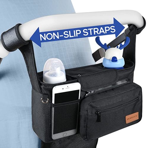 Momcozy Stroller Organizer, with 2 Non-Slip Stickers and 2 Large Capacity and Detachable Mesh Bags, Fits All Strollers Like Britax, Uppababy, Baby Jogger Stroller - Dark Black
