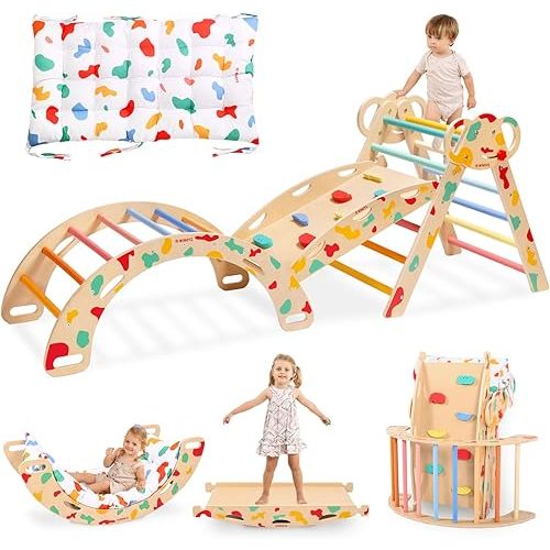 wingyz Pikler Triangle Climbing Set with Cushion,Wooden 8 in 1 Jungle Gyms for Toddlers 1-3, Indoor Playground for Kids,Baby Montessori Climber Gift（Rainbow）