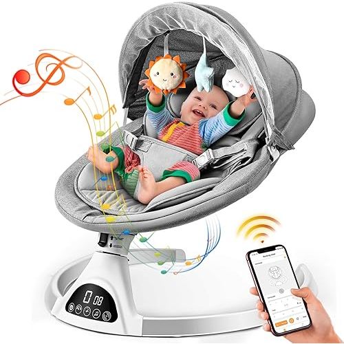 Baby Swings for Infants, Exclusive App & Bluetooth Electric Baby Swing, Smart Sensor&Timing, 5 Speeds, 12 Preset Lullabies and Headrest, Portable Baby Swing for Baby Boy Girl