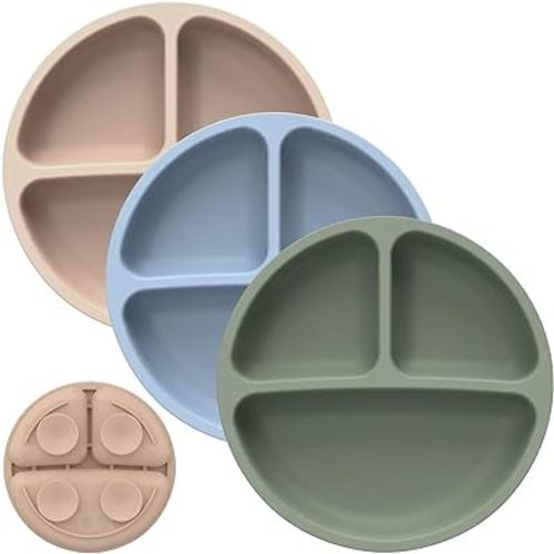 Cutebe 3 Pack Suction Plates for Baby Food Grade Silicone Baby Plates with Suction Microwave & Dishwasher Safe Toddler Plates Divided Design & Raised Edges Toddler Dishes for Feeding