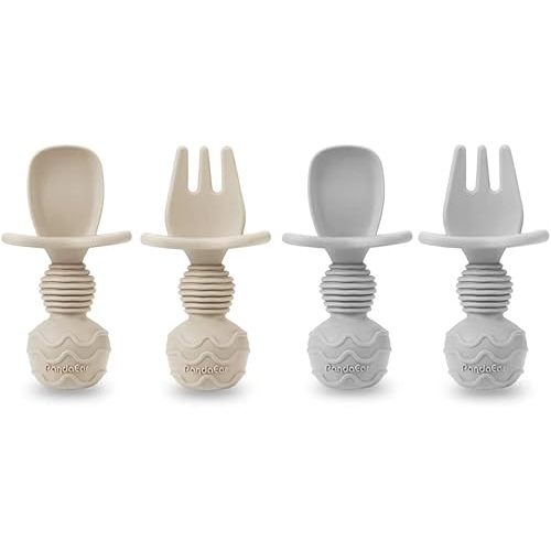 PandaEar (4 Pack) Silicone Baby Led Weaning Spoon Fork| First Training Self Feeding Utensils Set| Anti-Choke Silverware Eating Supplies for Toddler 6 Months Up (Carnation Grey)