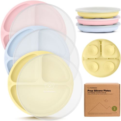 3-pack Prep Suction Plates With Lids, 100% Silicone Baby Plates With Lid, Bpa-free Kids Divided Toddler Plates