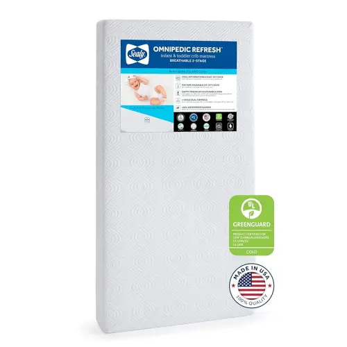 SEALY BABY OmniPedic Refresh Breathable 2 Stage Waterproof Crib Mattress Plus Toddler Bed Fit, Removable Knit Cover, GREENGUARD Gold Certified, Safety & Quality Tested, Made in USA, 52X28 -White