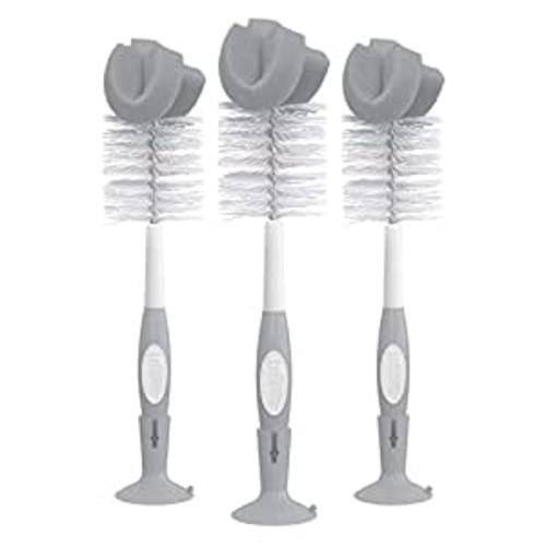 Dr. Brown's Reusable Sponge Baby Bottle Cleaning Brush Set with Suction Cup Stand, Scrubber and Nipple Cleaner, Gray, 3 Pack