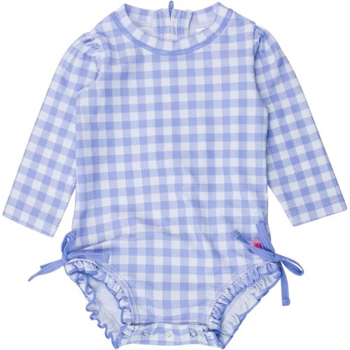 RuffleButts Baby Girls UPF 50+ Sun Protection Gingham Printed Long Sleeve One Piece Rash Guard Swimsuit with Zipper