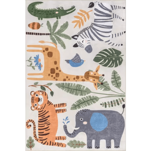 Debra Kids Spill Proof Washable Jungle Friends Rug | White Multicolor