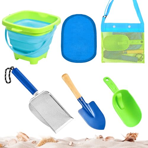 NNG 6PCS Beach Bucket Shovels Toys for Kids,Collapsible Beach Bucket with Shovels Set with Mesh Bag,Toddlers Foldable Sand Buckets & Sandbox Toys,Summer Beach Supplies Travel Beach Toy Kit,Age 3-10