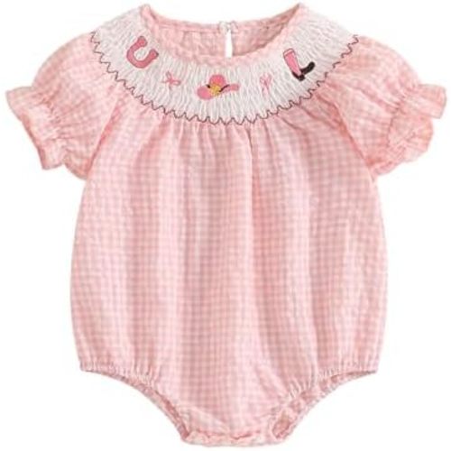 Chloefairy Newborn Baby Girl Western Clothes Smocked Bubble Romper Short Sleeve Dots Bodysuit Infant Summer Cowgirl Outfit