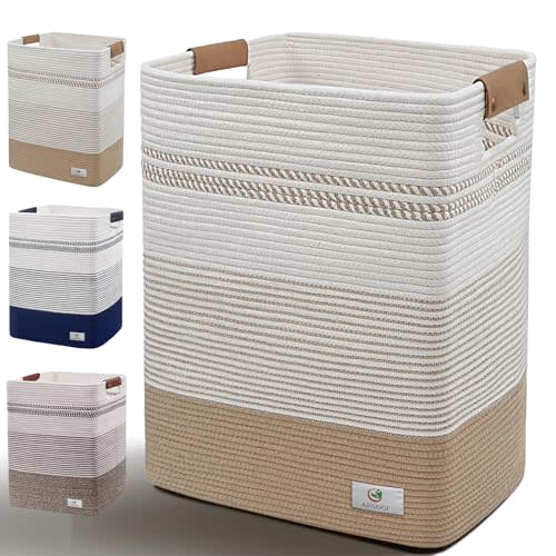 AINUOQI Laundry Hamper - 85L Large Laundry Basket with Leather Handles, Decorative Storage Basket for Blankets - Cotton Rope Woven Baskets for Storage, Clothes Hamper for Living Room, Jute & White