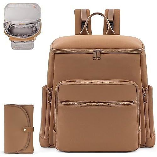 Diaper Bag Backpack, Neoprene Bag Backpack, Large Diaper Backpack with 16 Diaper Bag Organizers, 4 Insulated Pockets, Lighweight Travel Baby Bag with Changing Pad, Brown