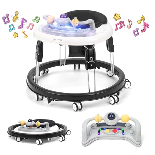 Baby Walker with Wheels,Music and Lights Baby Walker for Boys Girls 6-12 Months,Foldable Baby Walkers and Activity Center,Toddler Infant Walker with 7-Speed Height Adjustment,Detachable Plate,Black