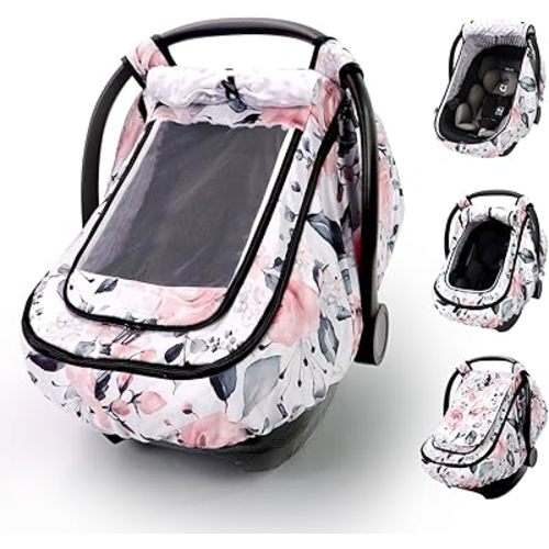 Car Seat Cover Baby Girls, Infant Car Seat Canopy Outdoor, 2 Layers with Mesh and Sun Shade Window for Summer Winter, Easy Access Carseat Covers Snug Fit Baby Stroller - Pink Floral