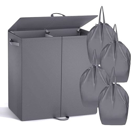 Double Laundry Hamper with Lid and 4 Removable Laundry Bags, Collapsible Laundry Hamper 2 Section Dirty Clothes Hamper with Handles for Laundry, Bedroom, Bathroom, Dorm, Grey