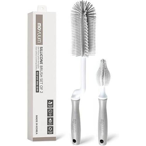 Moyuum Silicone Baby Bottle and Nipple Brush Set | Made in Korea, 360 Degree Rotating Handle, Soft Bristles, Hanging Hole for Quick Drying and Storage, Dishwasher Safe (Cool Grey)