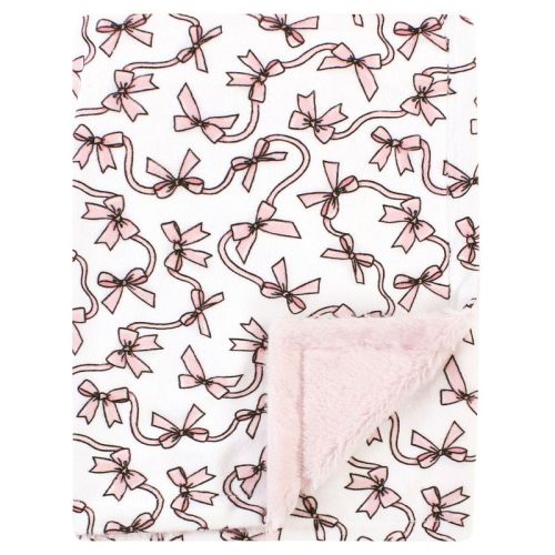Hudson Baby Infant Girl Plush Blanket With Furry Binding And Back, Pink Bows, One Size