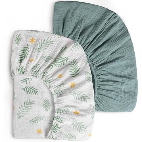 Muslin Crib Sheets for Girls Boys, 2 PCS Soft and Breathable Fitted Baby Sheet for 52" x 28" Standard Crib Mattress and Toddler Bed (Roman Green, Leaves)