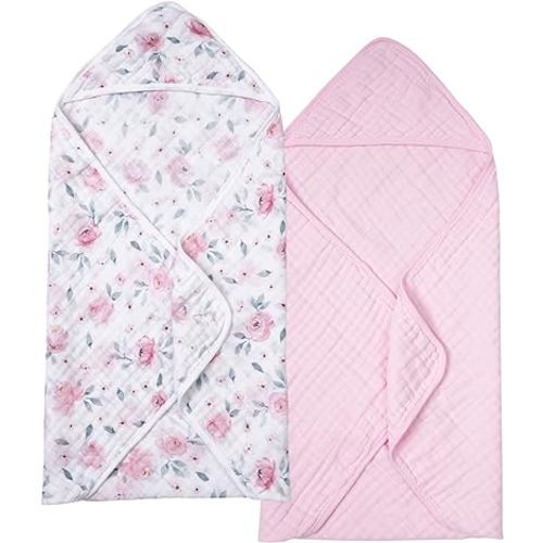 PHF 2 Pack Baby Hooded Towels, 100% Muslin Cotton Baby Bath Towel with Hood for Newborn, Infant, Toddler, Ultra Soft and Absorbent Baby Essentials Bath Towels for Girls, 32x32Inch, Floral