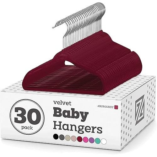 Zober Velvet Baby Hangers: Pack of 30 Non Slip Toddler Hangers - Shirts, Pants & Dresses w/Swivel Hook - Durable w/Notches - Small Kids - Burgundy