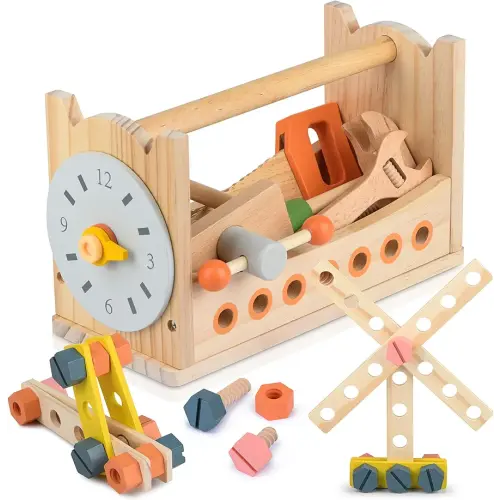 Wooden Tool Toy Toolbox Toddler Educational Construction Kids Toys Play Accessories Set Toddler Toy Set for Boys and Girls (Tool Basket)