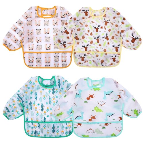 Accmor 4 Pack Long Sleeve Baby Bibs, Waterproof Sleeved Bib Smock for Baby Toddler 6-36 Months