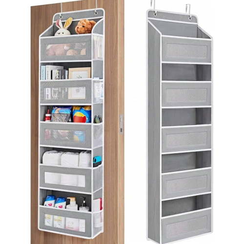 EASHZMFYTBF 1Pack Over the Door Storage Organizer, 5 Large Pockets Hanging Door Caddy, Anti-Tilt 44Lbs Weight Capacity Behind Door Organizer for Bedroom, Bathroom, Pantry & Nursery, Grey