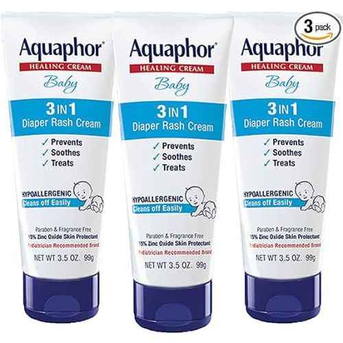 Aquaphor Baby Diaper Rash Cream, 3-in-1 Diaper Rash Relief, 3.5 Oz Tube, Pack of 3