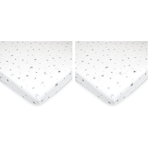 Bassinet Sheets - TL Care Printed 100% Natural Cotton Jersey Knit 18 x 36 Cradle/Bassinet Sheet - Fitted, Gray Stars and Moons, Soft Breathable, for Boys and Girls (Pack of 2)