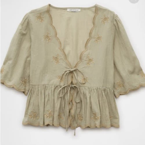 AE Embroidered Tie Front V-Neck Blouse