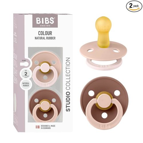 BIBS Colour Studio Pacifier 2-Pack, BPA Free, Round Nipple. Natural Rubber Latex, Made in Denmark, Size 2 (6-18 Months) - Blush/Woodchuck