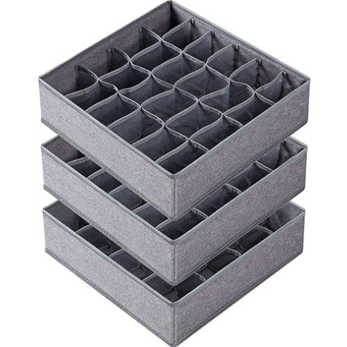 Criusia 3 Pack Sock Underwear Organizer Dividers, 64 Cell Fabric Foldable Drawer Organizer for Dresser Closet Organizers and Storage Boxes for Organizing Socks, Underwear, Ties (16+24+24 Cell, Gray)