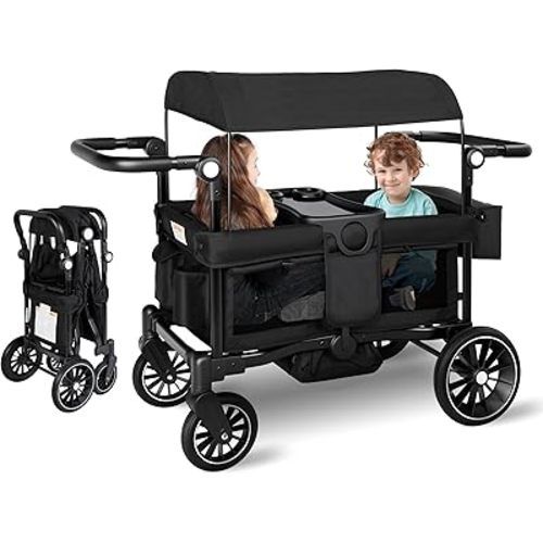 Kinder King Folding Wagon Stroller for 2 Kids, Convert to Newborn Bassinet, 2 Seater w/Removable Canopy, Adjustable Handle, All-Terrain Shock-Absorbing Wheel, Detachable Tray, Diaper Bag, Black