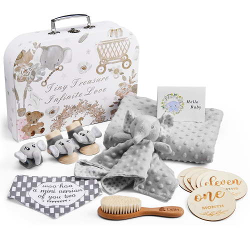 Lictin Baby Gift Set for Boys Girls, 14PCS Baby Shower Gifts, Neutral Newborn Gifts Basket with Baby Blanket, Monthly Milestone Cards, Elephant Security Blanket, Rattle Socks and Wrist