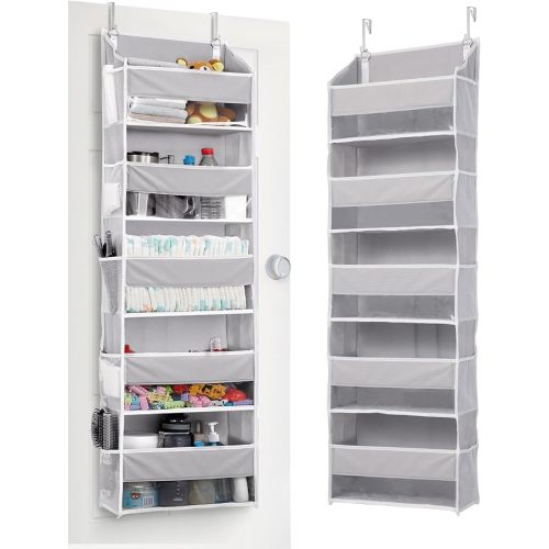 ULG 1 Pack Over Door Organizer with 5 Large Pockets 10 Mesh Side Pockets, 44 lbs Weight Capacity Hanging Storage Organizer with Clear Window for Kids Toys, Shoes, Diapers, Grey, 5 Layer
