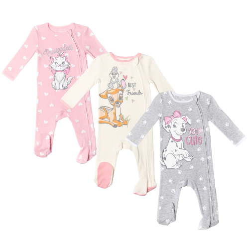 Disney Baby Girls' 3 Pack Outfit - Aristocats, Bambi Long Sleeve Zip Up Sleep N' Plays, Newborn to Infant