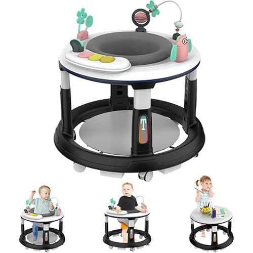 Baby Walker, Baby Walker with Wheels, Baby Walker with Music and Lights, Baby Walkers and Activity Center for Boys Girls Babies 6-12 Months, 5 Adjustable Heights, Detachable Toys and Bounce Foot Pad