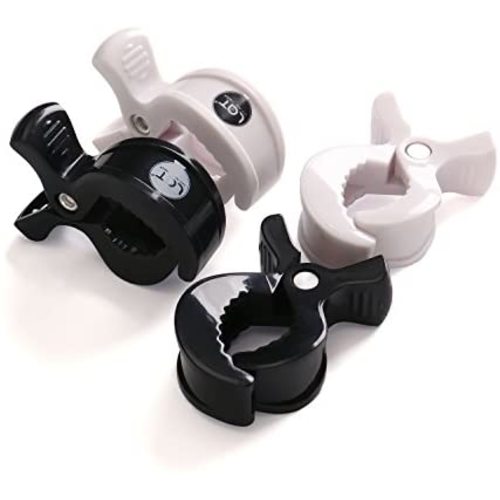 LAT 4-Pack Stroller Pegs Clips to Hook Muslin Blanket Sun Shade to Canopy, Pram Toy Holder, Car Seat Cover Clips, Protect Baby Kids from Sun Wind Insects (Black + White)